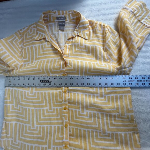 Chico's Womens Yellow Maze Print Linen No Iron Shirt Size 2.5 Button Down Casual - Picture 6 of 7